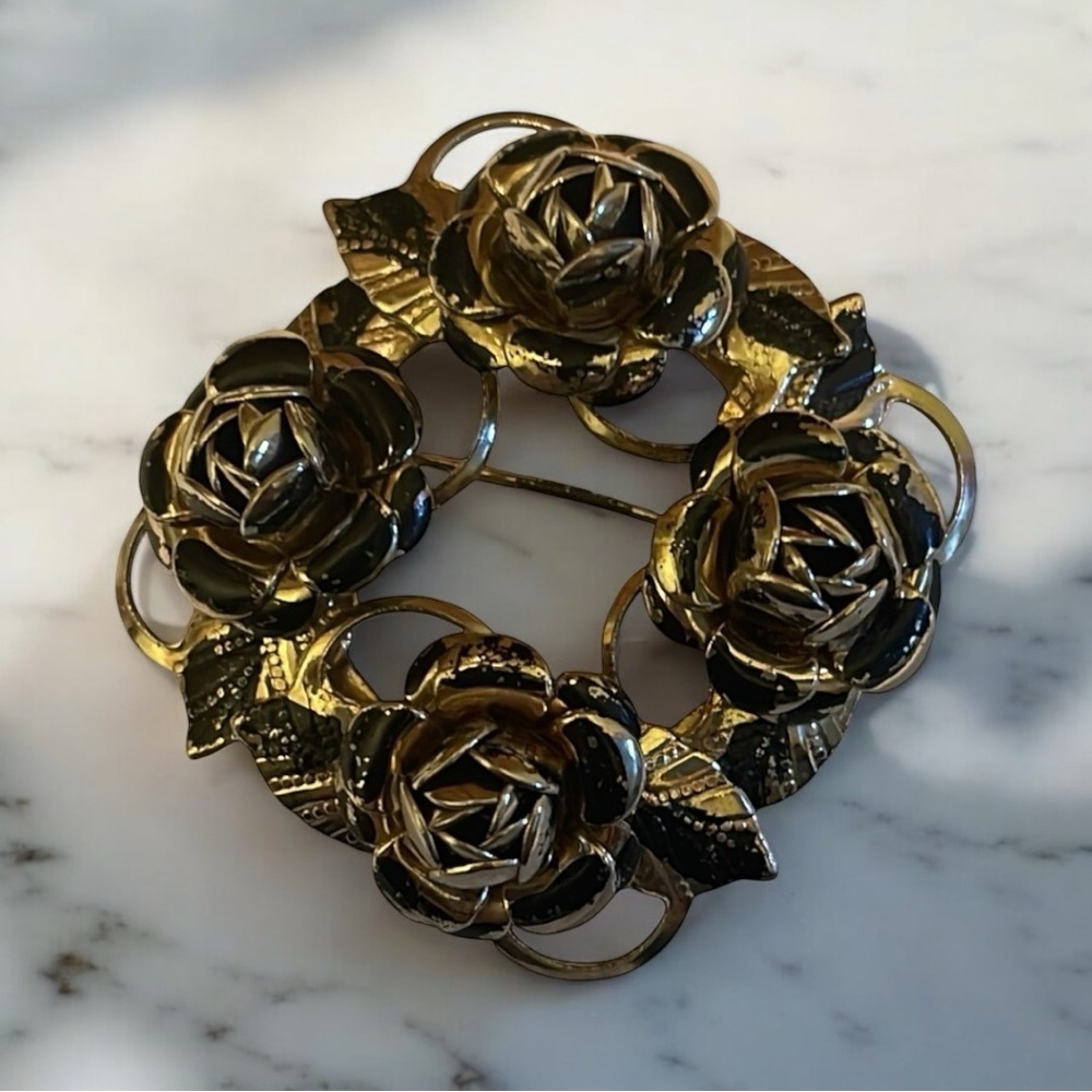 Gold Floral Wreath Brooch with Cabbage Rose Design